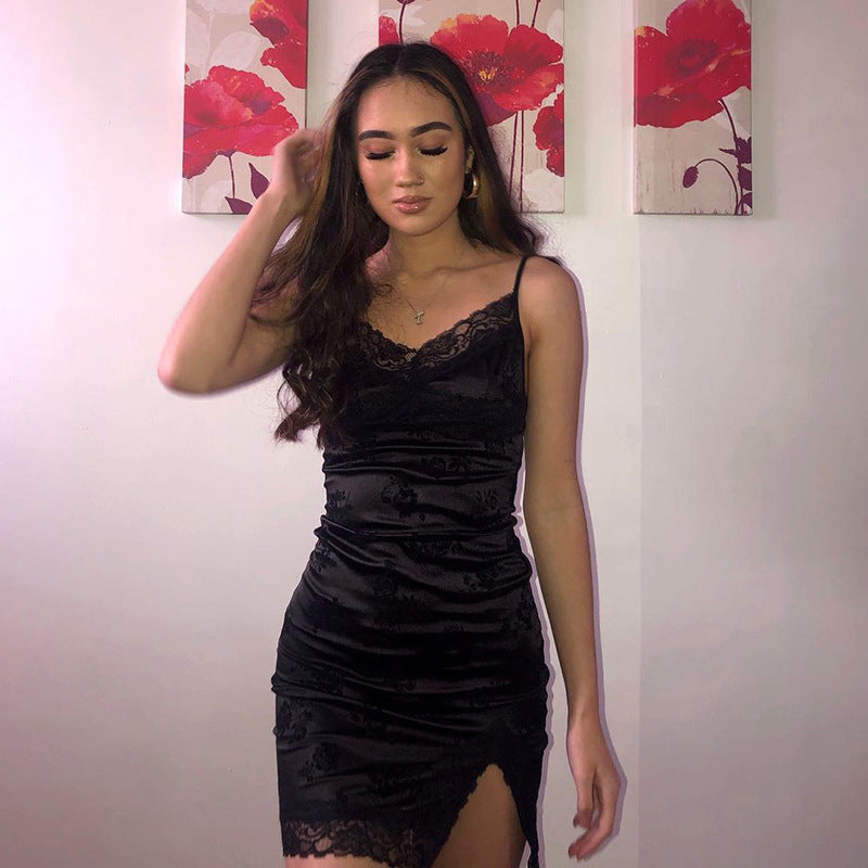 Black gothic bodycon dress women sleeveless V-neck full length back view Alternative Fashion