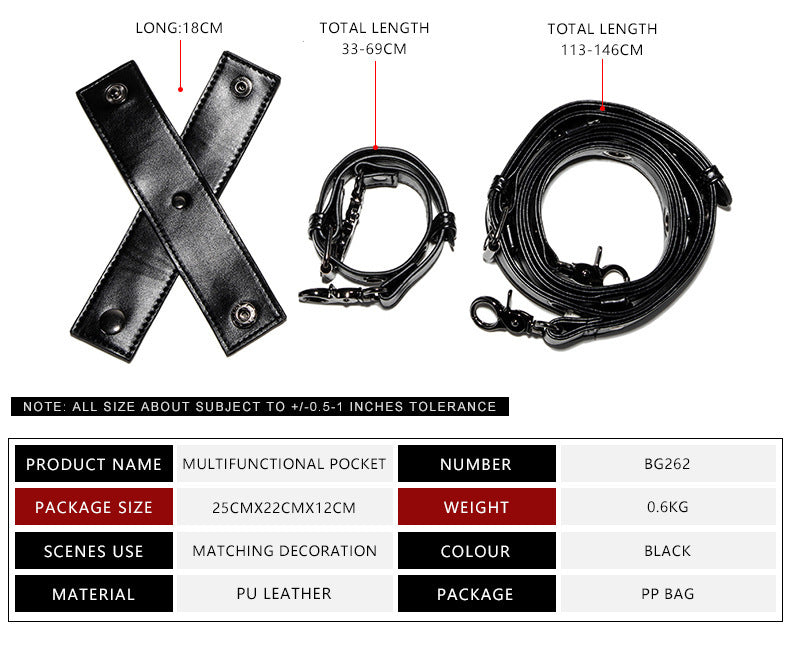 A product information graphic showing a black faux-leather multi-functional pocket strap set with three labeled views: an unfolded strap marked long 18cm, a coiled section labeled total length 33-69cm, and a longer coiled strap labeled total length 113-146cm. Below, a specification table lists product name, package size, weight, scenes use, color, and material.