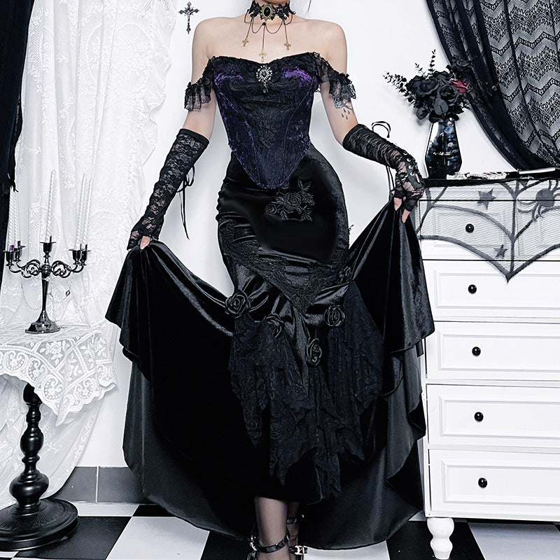 Black polyester gothic dress women fishtail hem detail close up Alternative Darkwear