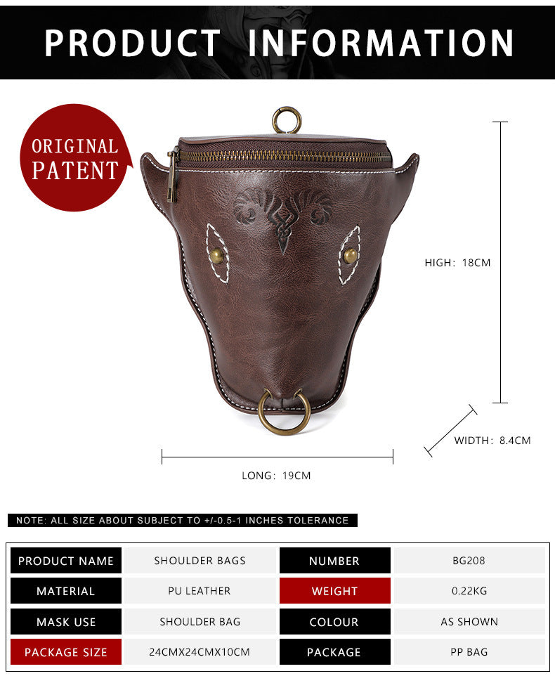 Brown leather Viking belt coin purse styled on mannequin close-up rivet emboss industrial goth Alternative Fashion