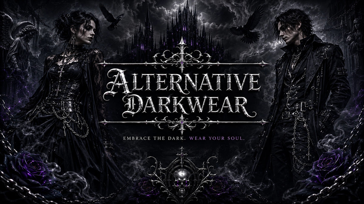 Alternative Darkwear Banner showing men and women in industrial fashion wearing all black and gothic accessories