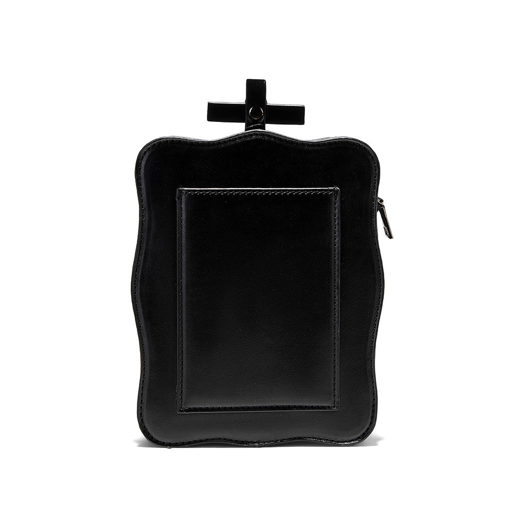 Gothic mini square bag back view black rivet chain embossed skull bag