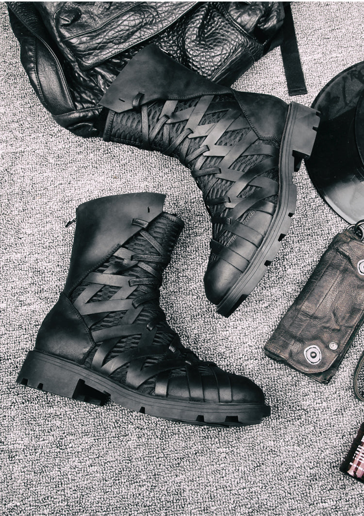 Men's black crazy horse leather Martin boots woven lace detail flat lay gothic dark fashion alternative darkwear