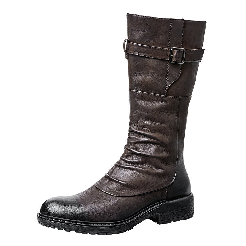 Men's brown high-top cowhide biker boots with buckle strap detail and mid-calf shaft, darkwear fashion, Alternative Darkwear