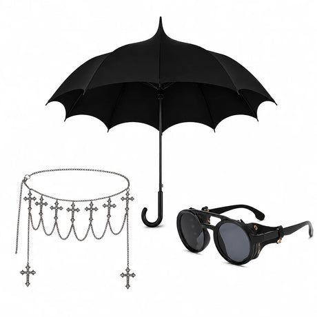 Alternative darkwear accessories collection — gothic eyewear, umbrellas and statement pieces