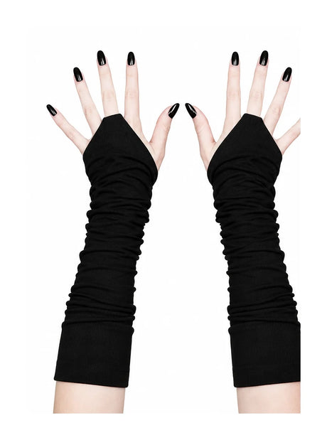 Black ruched fingerless arm warmers, elbow length, thumb hole, darkwear 
