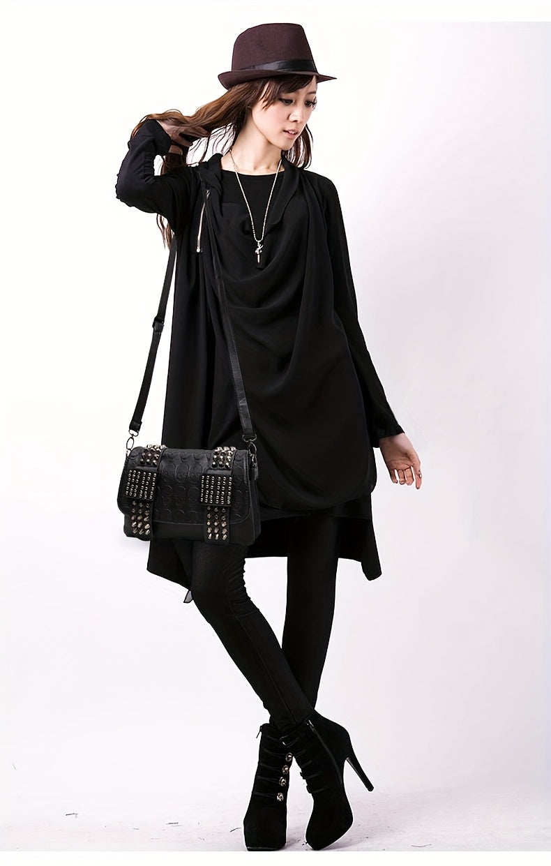 Black alternative darkwave studded crossbody bag women full outfit view pyramid studs front flap