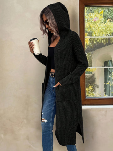 Casual Cardigan Casual Ribbed Cardigan | Women's Solid Color Hooded Pocket Long Sleeve