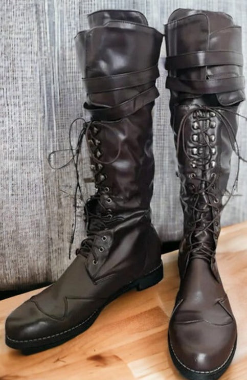 Brown unisex rivet Martin boots with swashbuckler design, perfect for LARP renaissance faire and cosplay, EU sizes 38 to 48