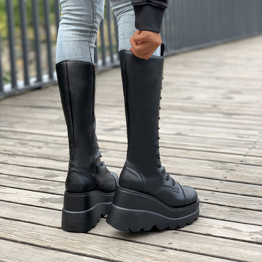 Black knee high lace up platform boots darkwave fashion women full front view chunky sole