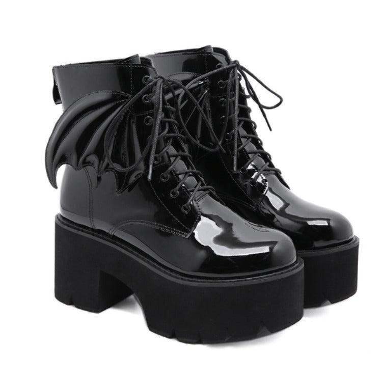 Goth ankle boots in patent leather with thick block heel and platform sole, black, women's EU sizing