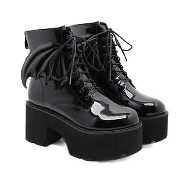 Goth ankle boots in patent leather with thick block heel and platform sole, black, women's EU sizing