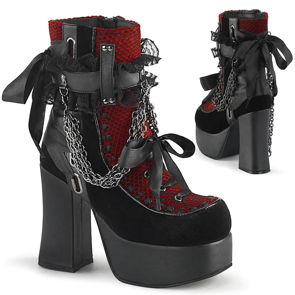 Black and Red chunky heel platform boots darkwear fashion women buckle strap bow detail angled view