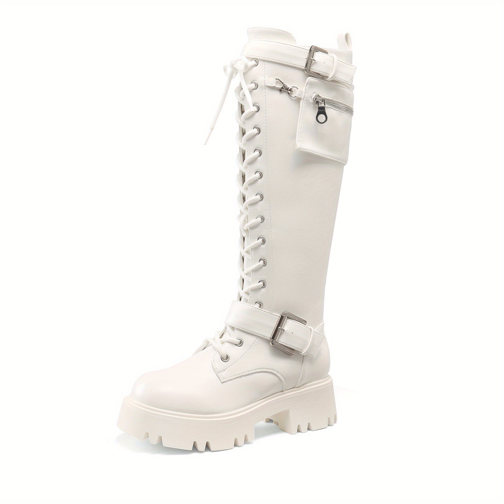 White alternative darkwave knee high platform boots women hidden pocket lace up