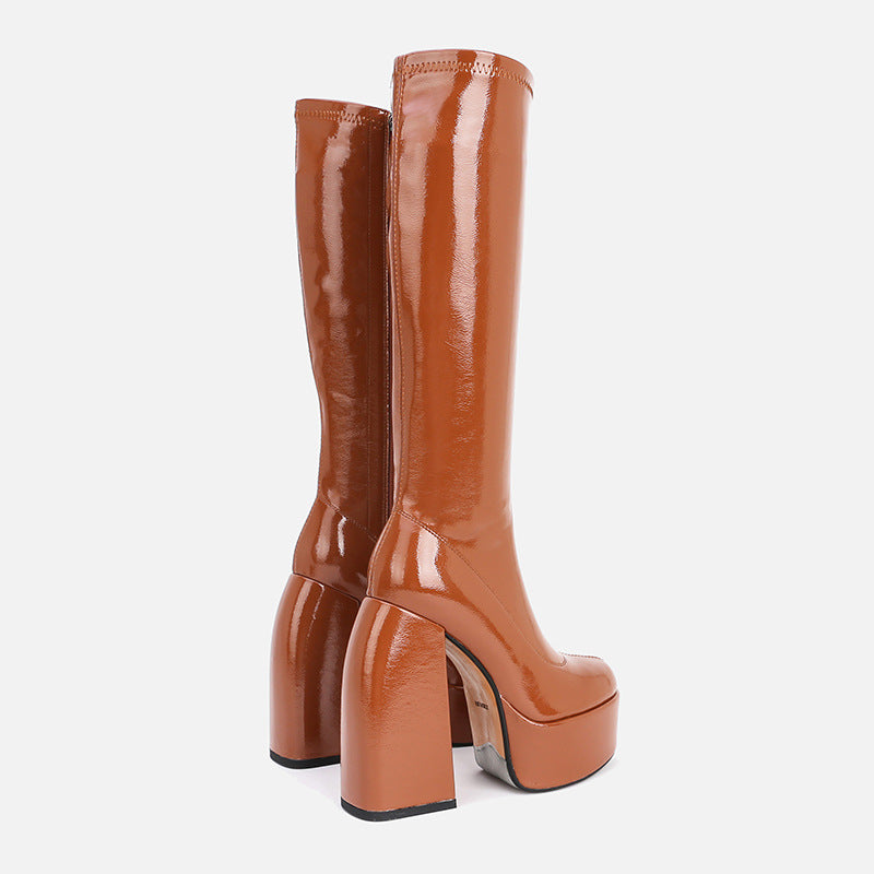 Women's plus velvet lined glossy leather fringe boots in black and brown, dark feminine fashion | Alternative Darkwear