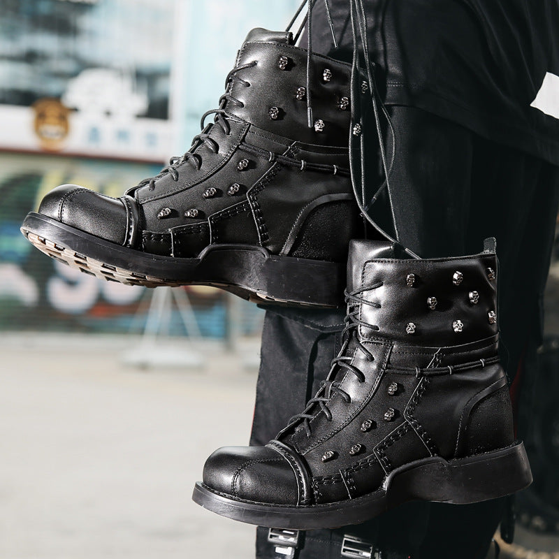 Men's black PU leather rivet knight boots with hollow cutout detail and flat rubber sole, gothic Martin style