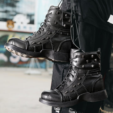 Men's black PU leather rivet knight boots with hollow cutout detail and flat rubber sole, gothic Martin style