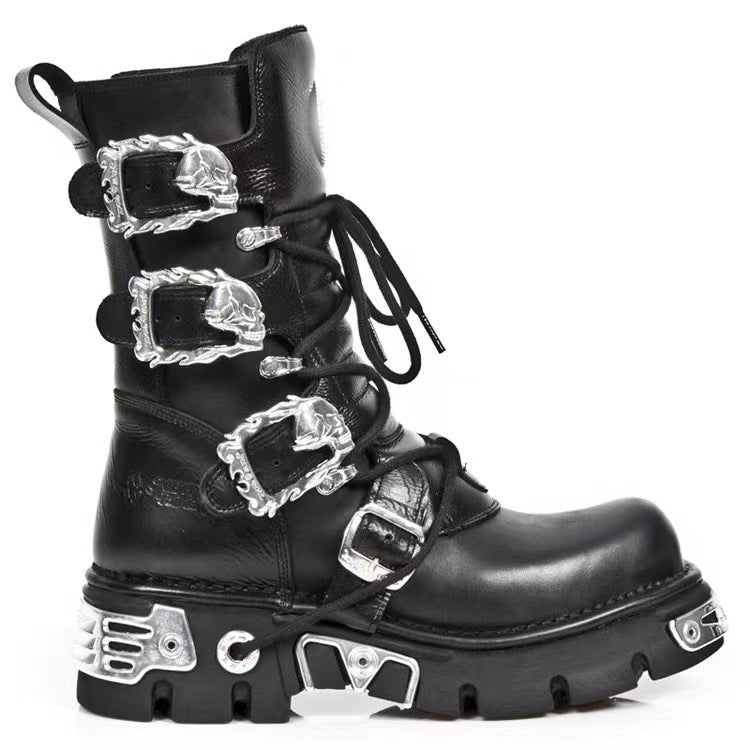 Men's steampunk high-top genuine leather boots in black, waterproof motorcycle style with rubber sole