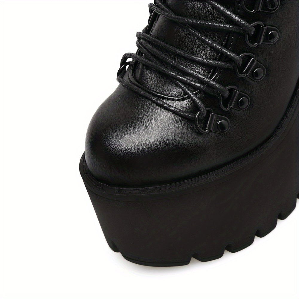 Black lace up platform boots darkwave fashion women close up buckle strap and block heel