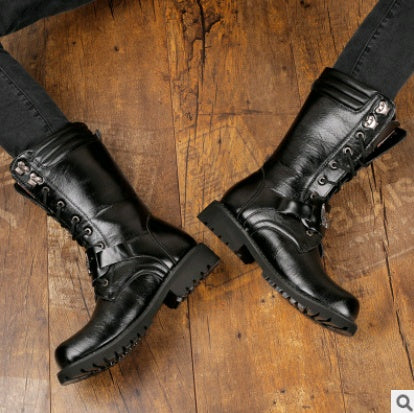 High-top men's dark fashion boots with flat rubber sole and mid-calf shaft, alternative darkwear style