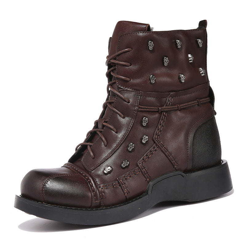 Rivet and hollow detail on men's Brown gothic knight boots in faux leather, non-slip rubber sole