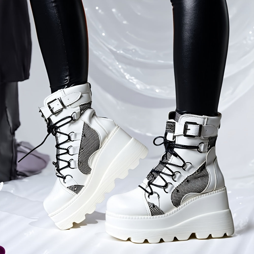 White platform wedge combat boots  alternative darkwave fashion women lace up front full length zipper chunky sole