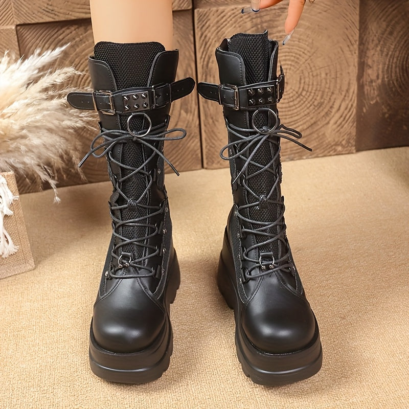Black mid calf buckle boots alternative darkwear women pair view chunky platform sole