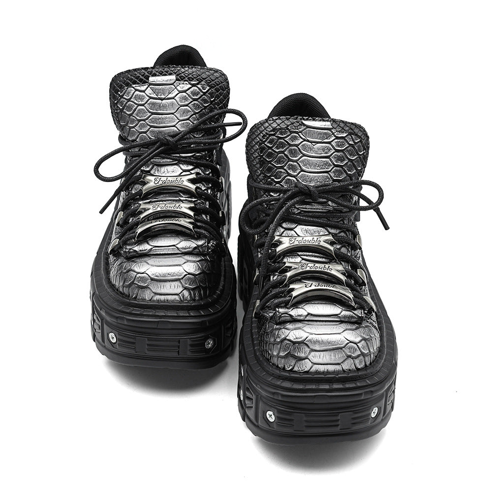 Close-up of 8cm wedge heel on women's silver gray punk platform boots, Alternative Darkwear