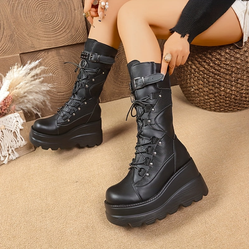 Black buckle strap mid calf boots alternative darkwear fashion women multiple straps lace up platform sole front view