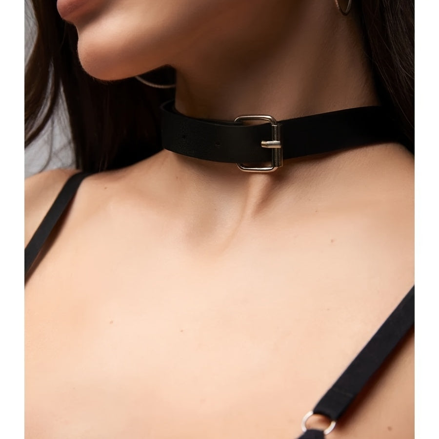 Close-up of leather choker and chest harness with iron buckle hardware from Alternative Darkwear