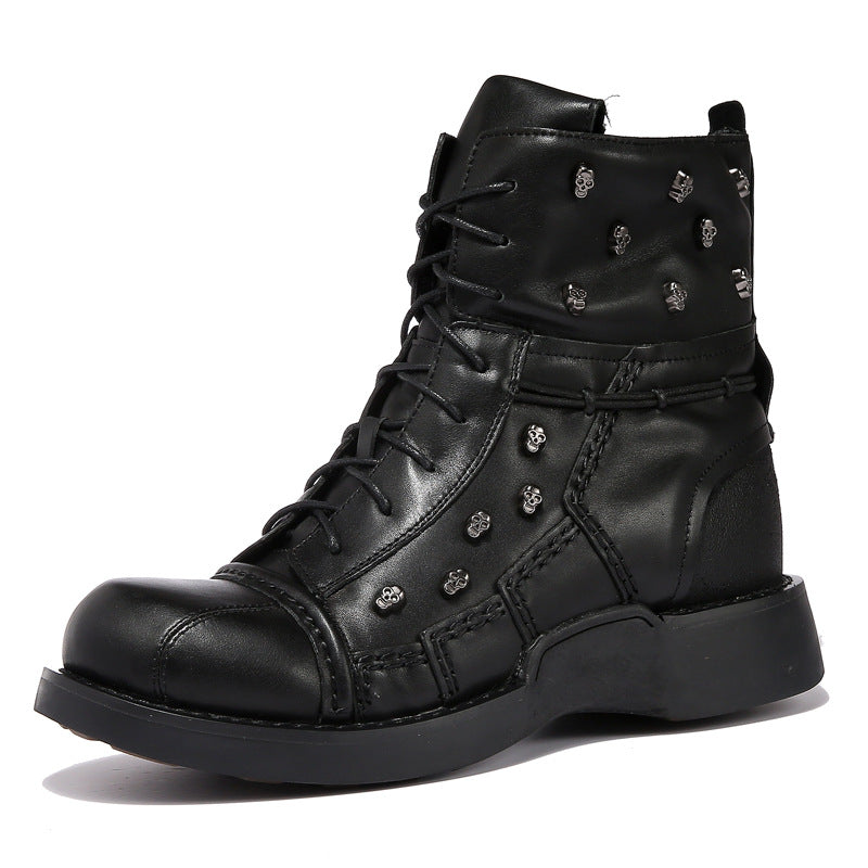 Close-up of rivet and hollow detail on men's gothic knight boots in faux leather, non-slip rubber sole