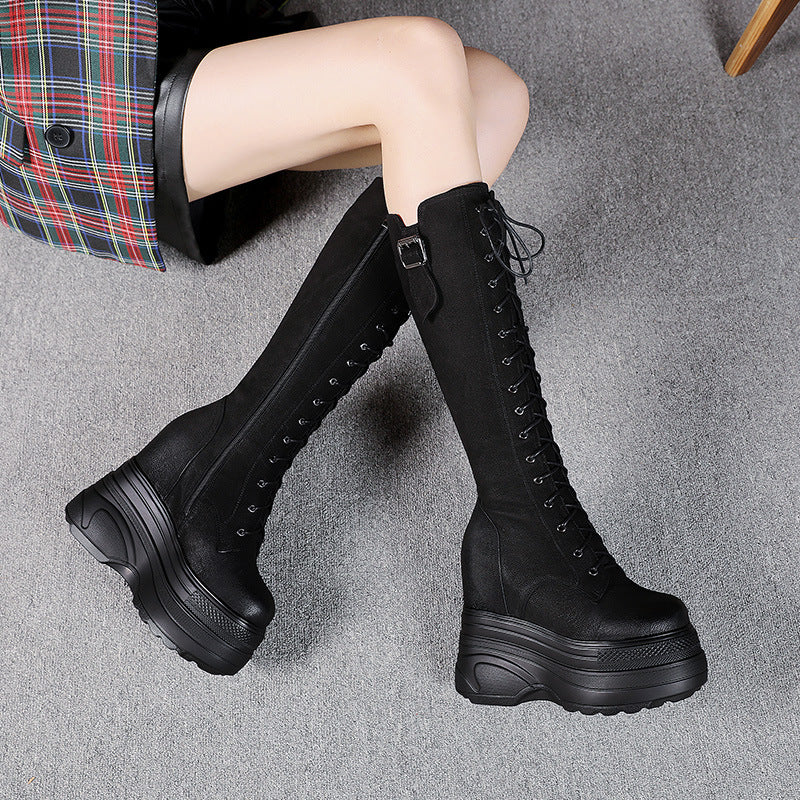 Close-up of first-layer cowhide upper on women's black platform Martin boots, Alternative Darkwear