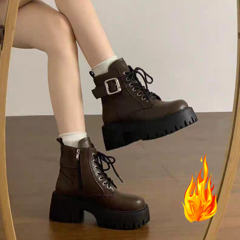 Brown Boots with zipper, buckle strap and lace 