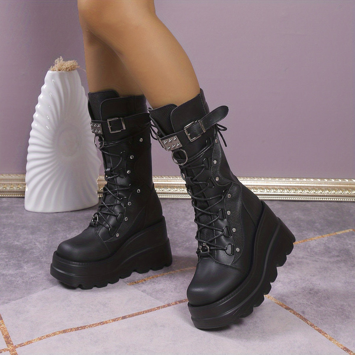Black dome stud mid calf boots darkwave fashion women buckle strap and thick wedge platform front view