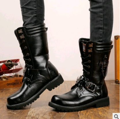 Side view of men's black military Martin boots with round toe and front strap closure, EU sizes 37 to 44