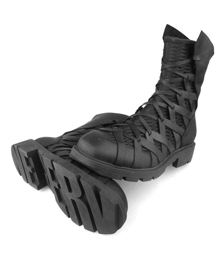 Men's black crazy horse leather Martin boots with square toe and side zipper, gothic dark fashion