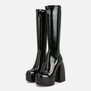 Women's black glossy sheepskin above-knee fringe platform boots with chunky block heel, maximalist gothic dark fashion