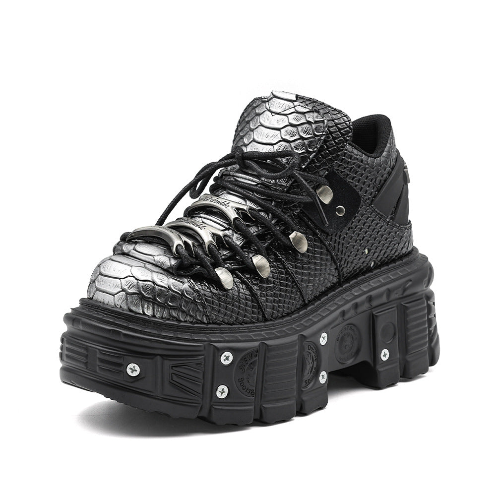 Women's silver gray chunky platform punk boots with 8cm wedge heel and front laces, gothic alternative fashion