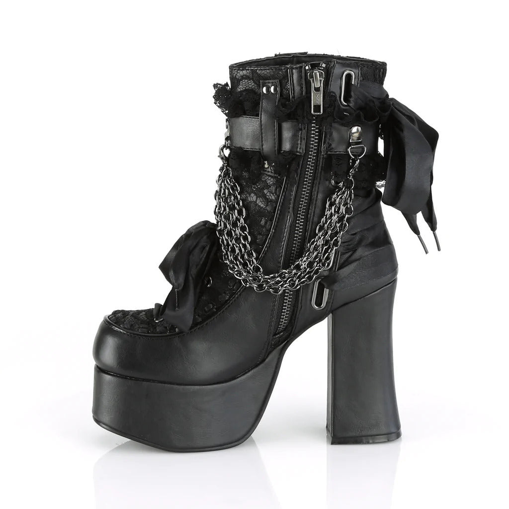 Black platform ankle boots alternative darkwear women block heel and bow strap side profile