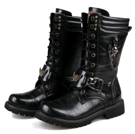 Alternative Darkwave Men's black PU leather military cowboy Martin boots with front strap and car-stitch detail, gothic dark fashion
