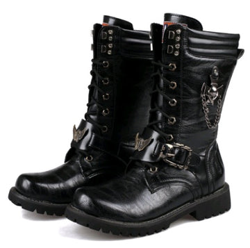 Alternative Darkwave Men's black PU leather military cowboy Martin boots with front strap and car-stitch detail, gothic dark fashion
