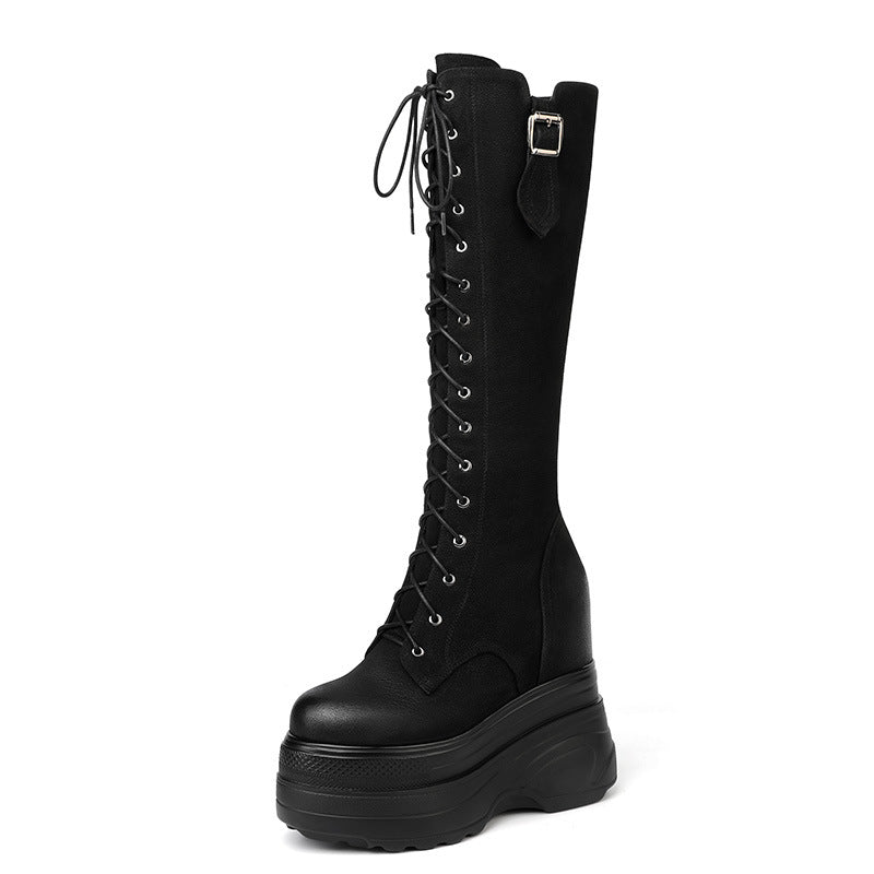 enuine leather women's Martin boots with plus velvet lining and height-increasing platform, EU sizes 32 to 39