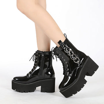 Women's black PU leather motorcycle platform boots with rivet and belt buckle detail, gothic punk dark fashion