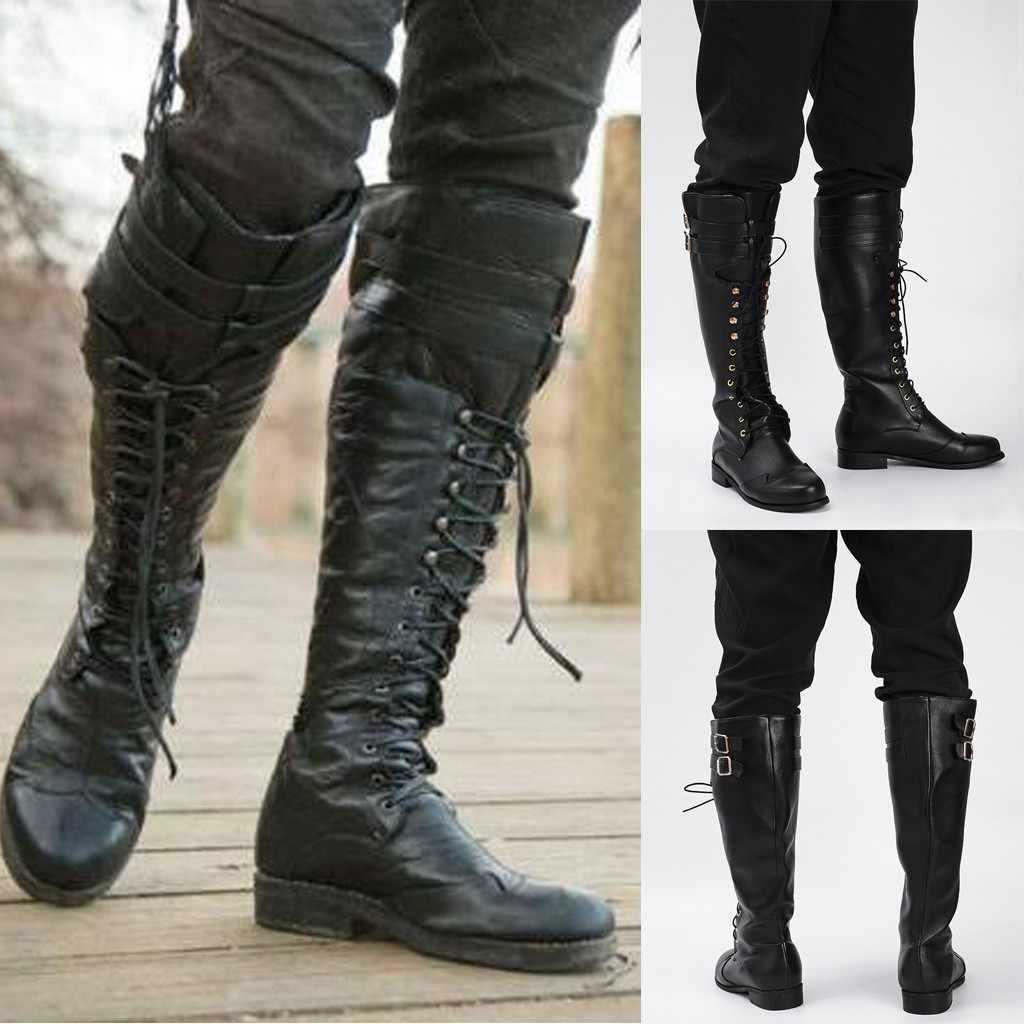 Men's black PU leather rivet knight boots with hollow cutout detail, gothic pirate and medieval style