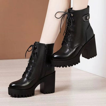 Black chunky block heel ankle boots darkwear fashion women lace up front buckle strap platform lug sole side profile