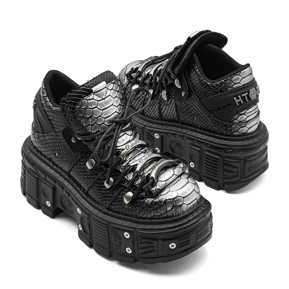Women's silver gray chunky platform punk boots with 8cm wedge heel and front laces, gothic alternative fashion