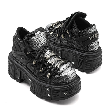 Women's silver gray chunky platform punk boots with 8cm wedge heel and front laces, gothic alternative fashion