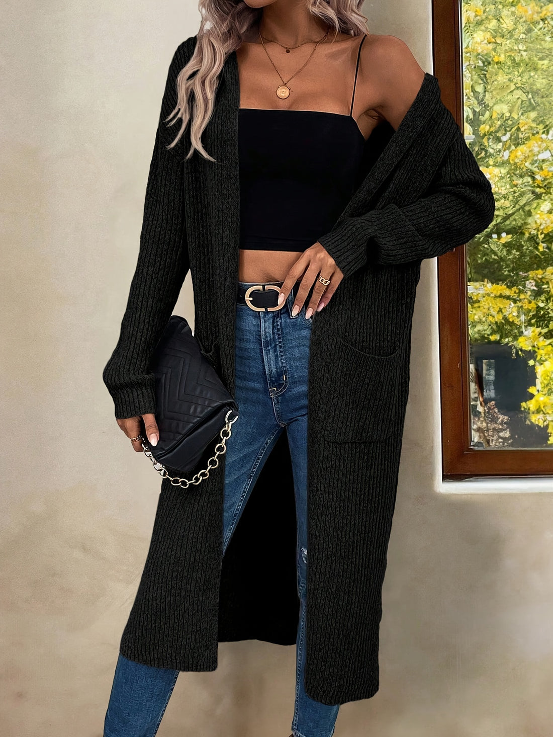 Casual Cardigan Casual Ribbed Cardigan | Women's Solid Color Hooded Pocket Long Sleeve