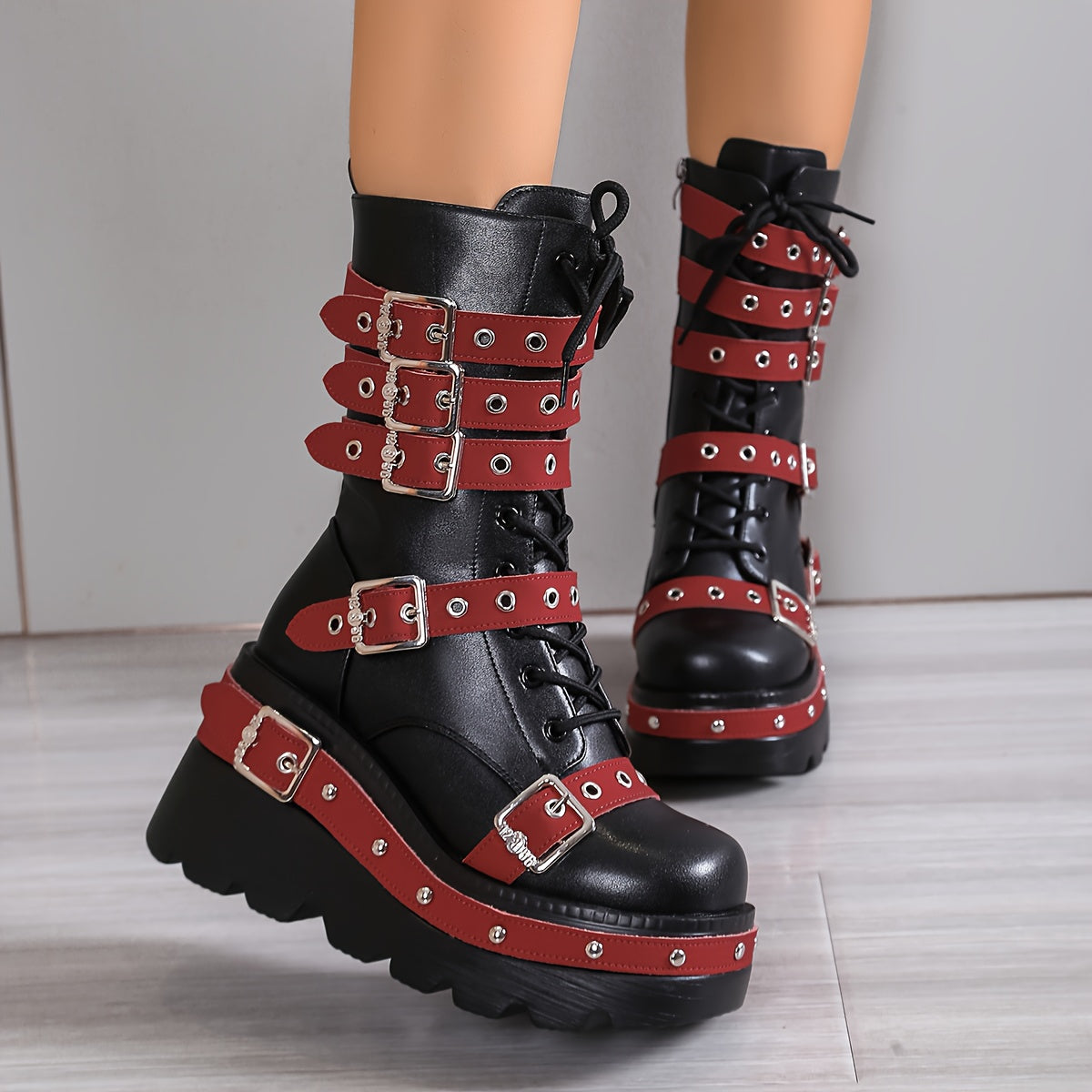 Red mid calf platform boots darkwave fashion women tonal red buckle straps and lug sole side view