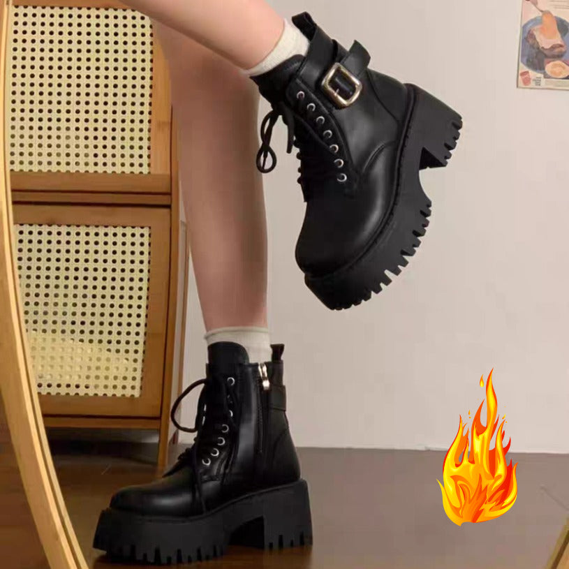 Black Boot with lace-up, zipper and buckle strap, chunky sole
